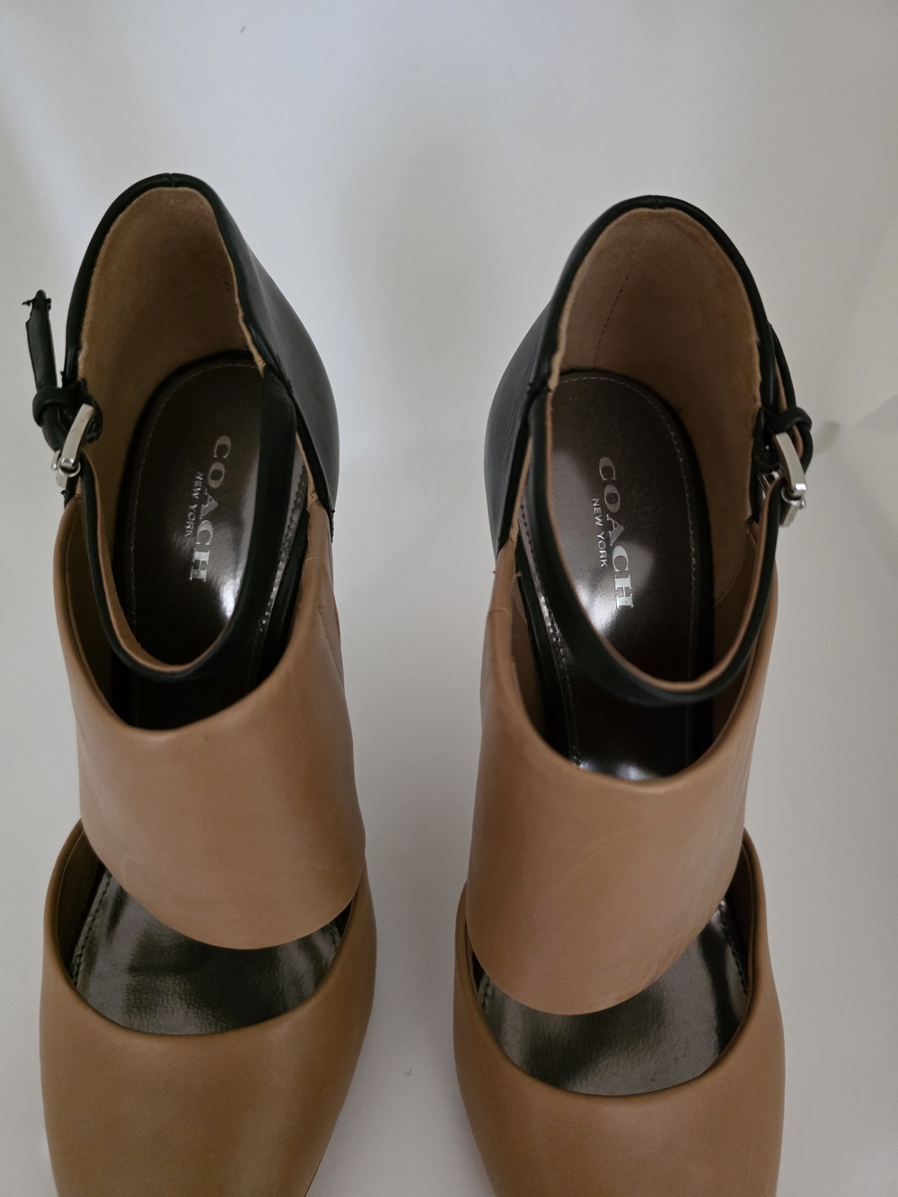 Coach Two-Tone Tan and Black Pointed Strap Heels - Picture 5 of 6